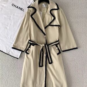 CHANEL Cream Trench Coat with Black Trim